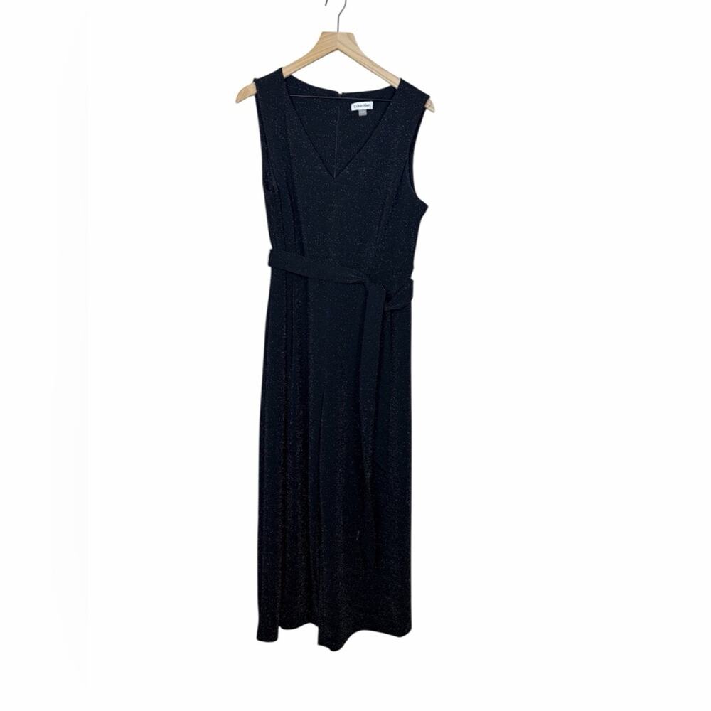Calvin Klein Black Sparkle Wide Leg Jumpsuit 14 Sleeveless Tie Waist